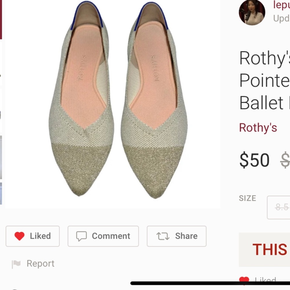 Rothy's Women's Knited Pointed Metallic Toe Slip On Ballet Flats Size 8.5